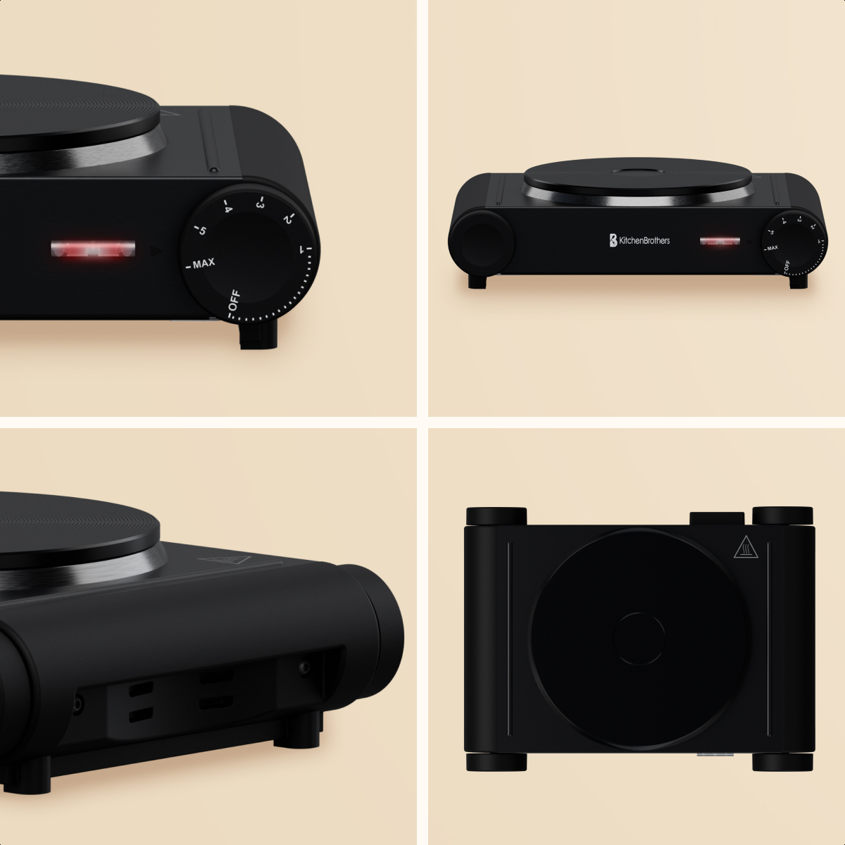 Black single hot plate with a control knob and a red indicator light.