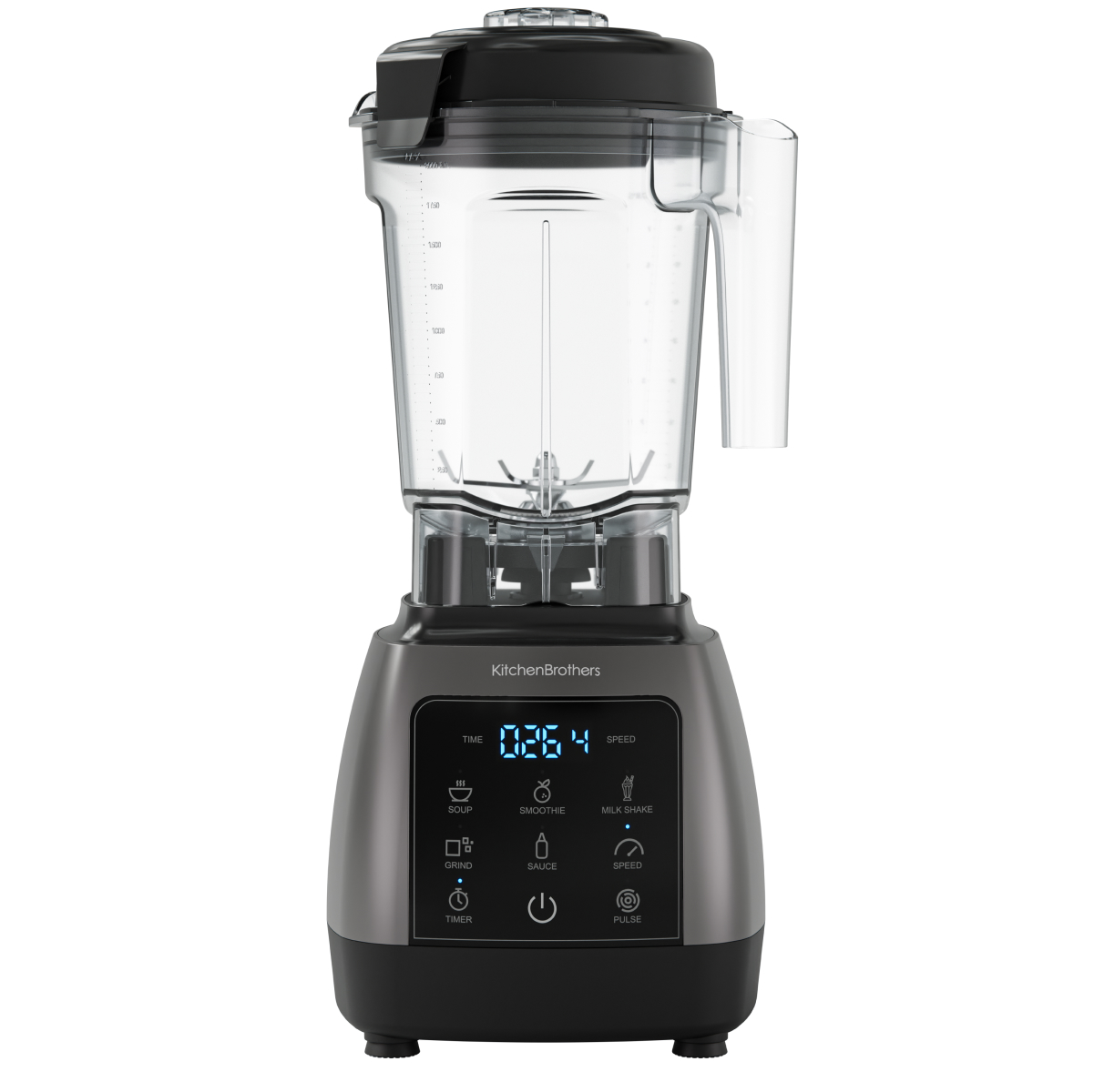 Een moderne blender met digitaal display en diverse presets op een donkere achtergrond.