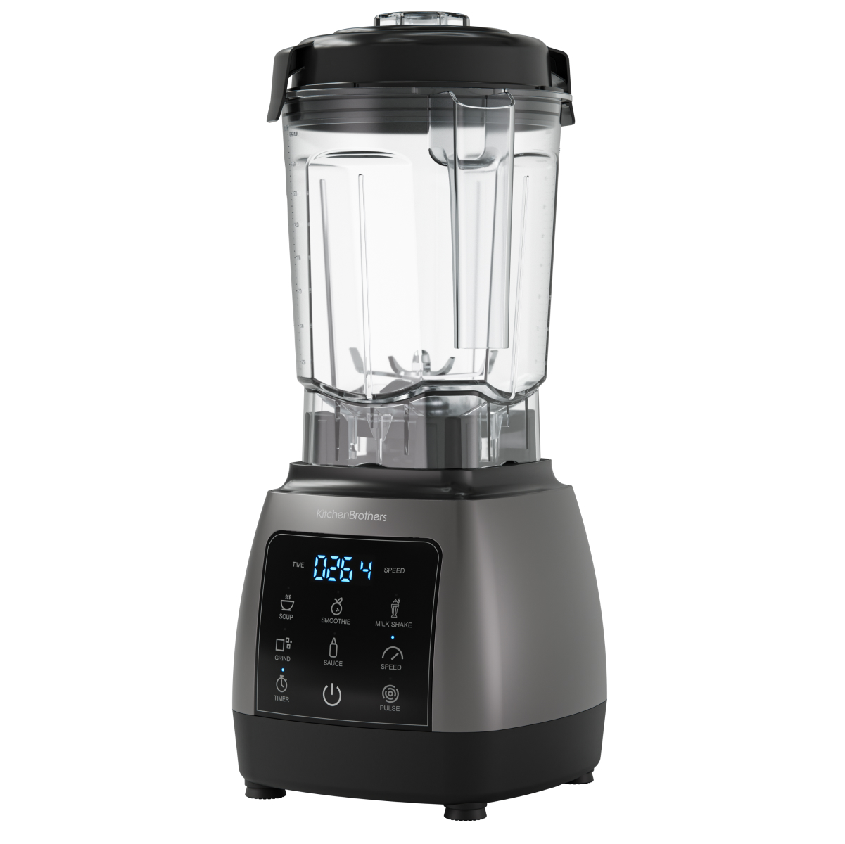 Een zwarte en grijze blender met een digitaal display en bedieningsknoppen op de basis.