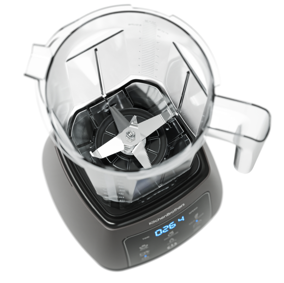 Een blender met een doorzichtige kan en scherpe messen, op een witte achtergrond.