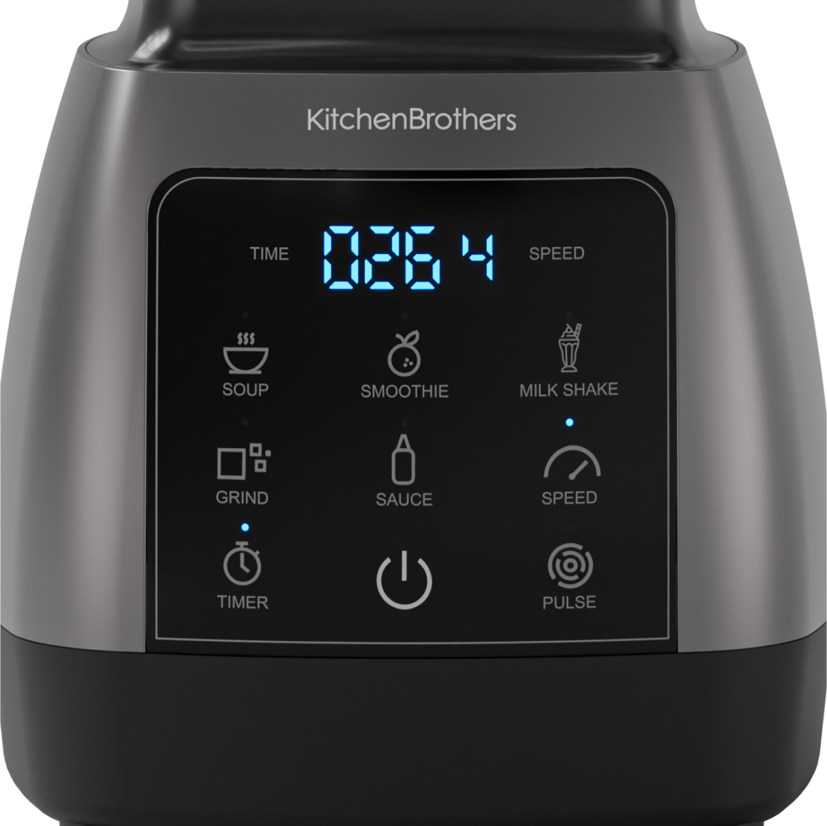 Bedieningspaneel van de blender met digitaal display voor tijd en snelheidsinstellingen.
