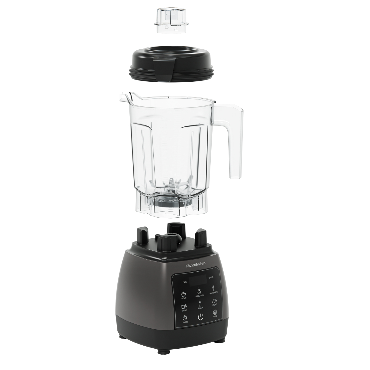 Een gedemonteerde blender met donkergrijze basis, glazen kan en deksel.