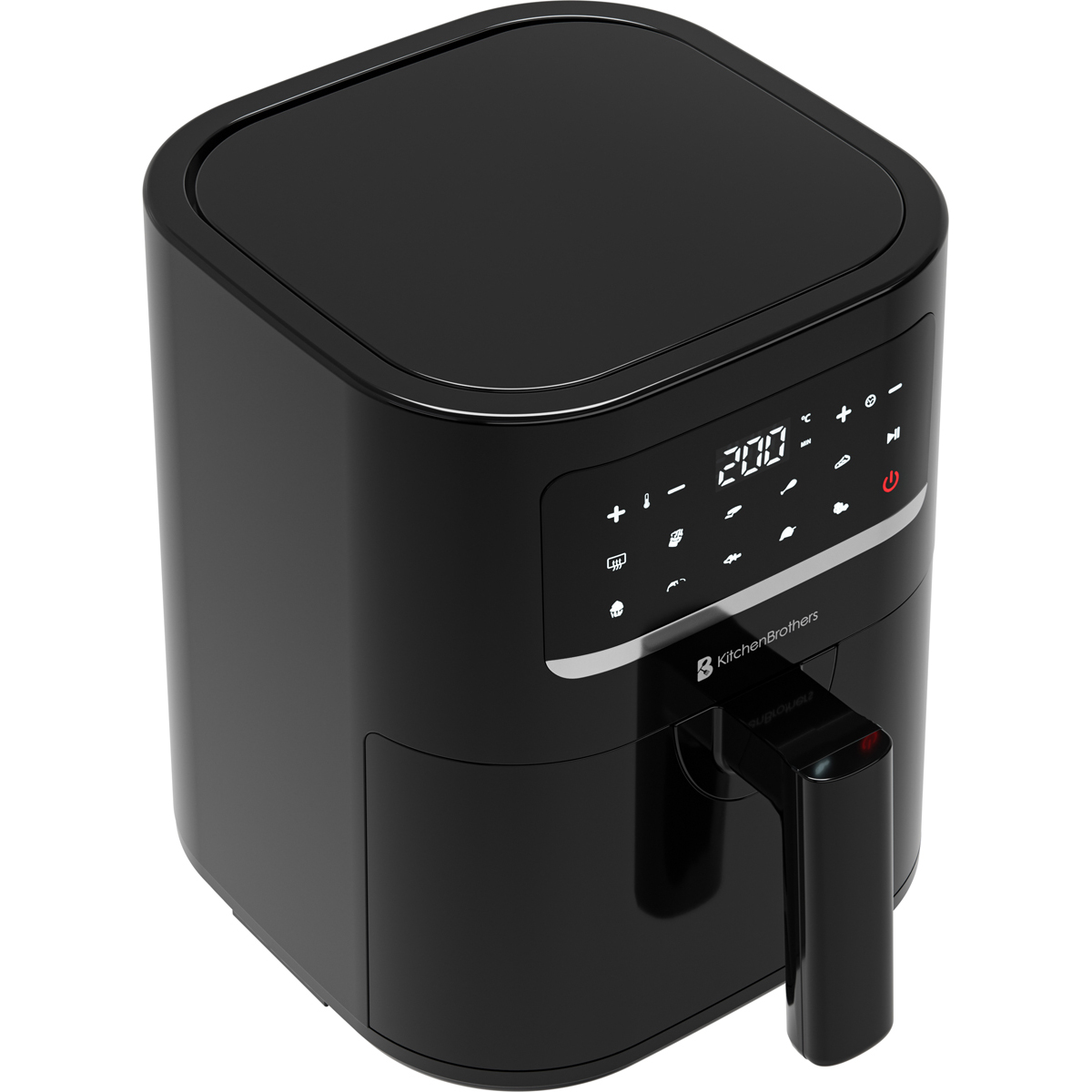Black digital air fryer with control panel and handle.