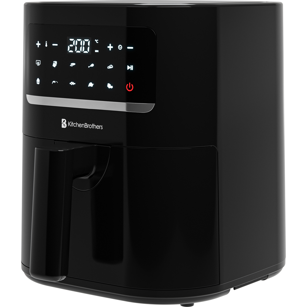 Black air fryer with digital display showing temperature and icons.