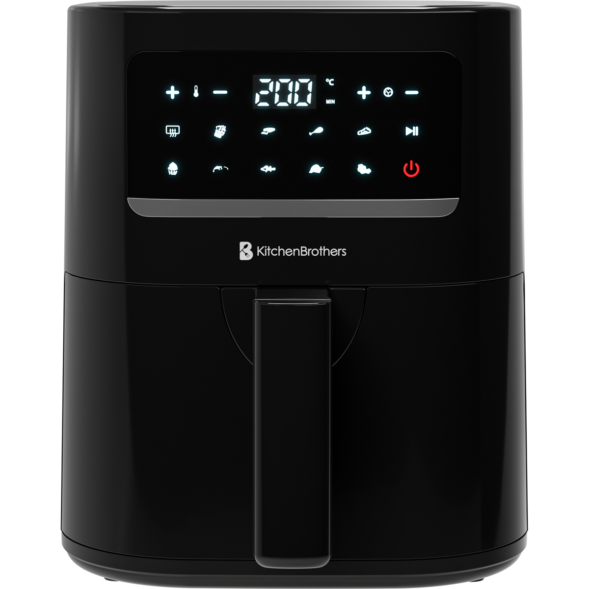 Black digital air fryer with cooking icons and temperature display.