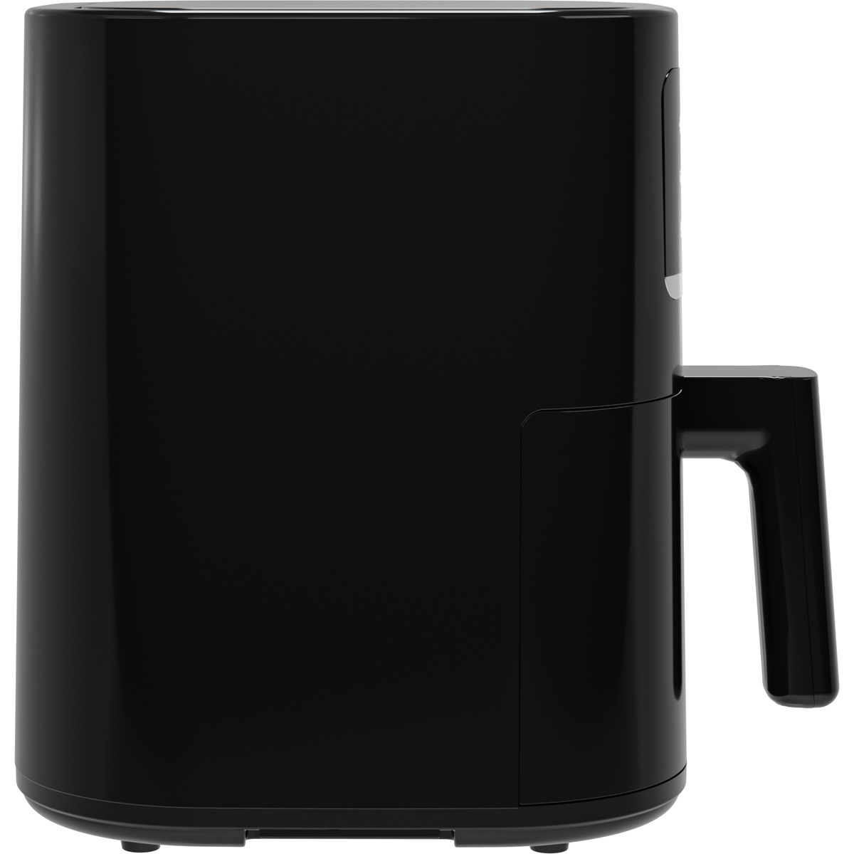 Black air fryer with handle, seen from the side.