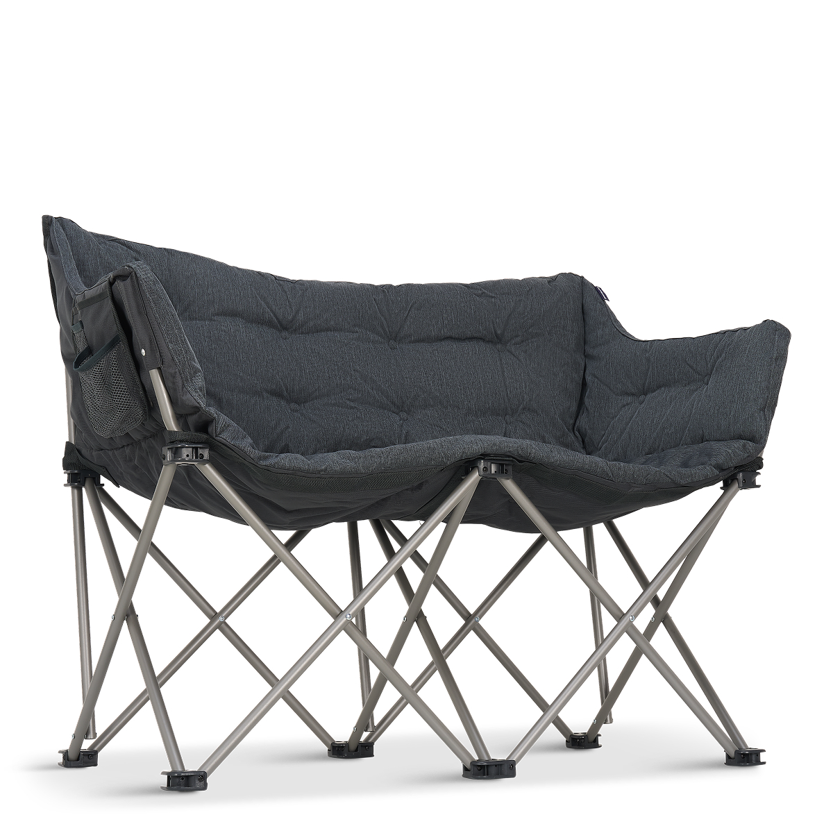 A dark, padded double camping chair with a metal frame.