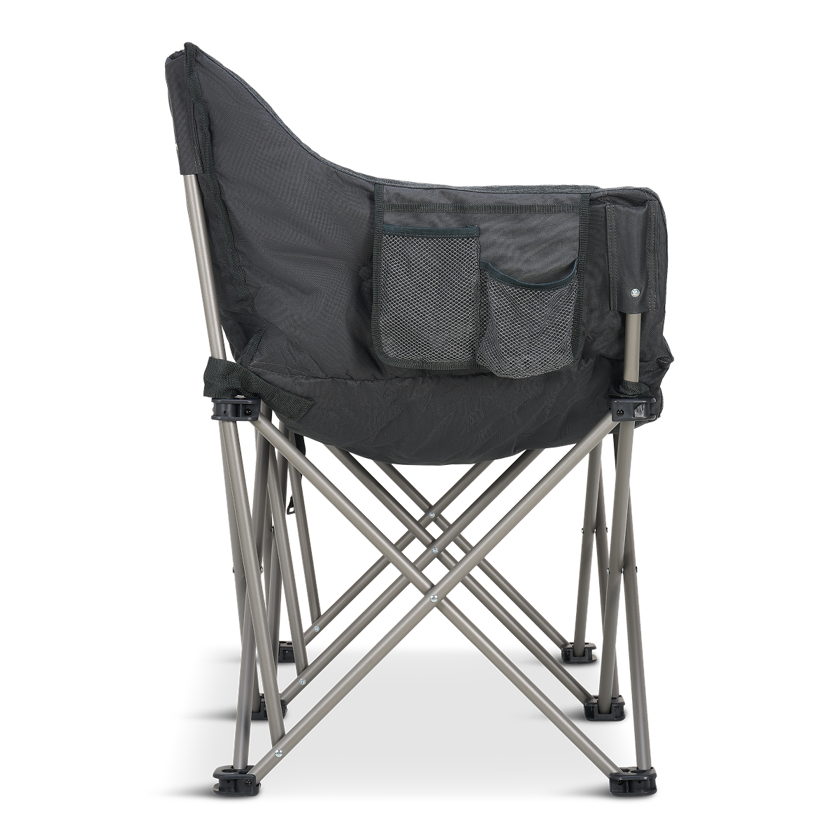 Black camping chair with metal frame and side pockets, shown from the side.