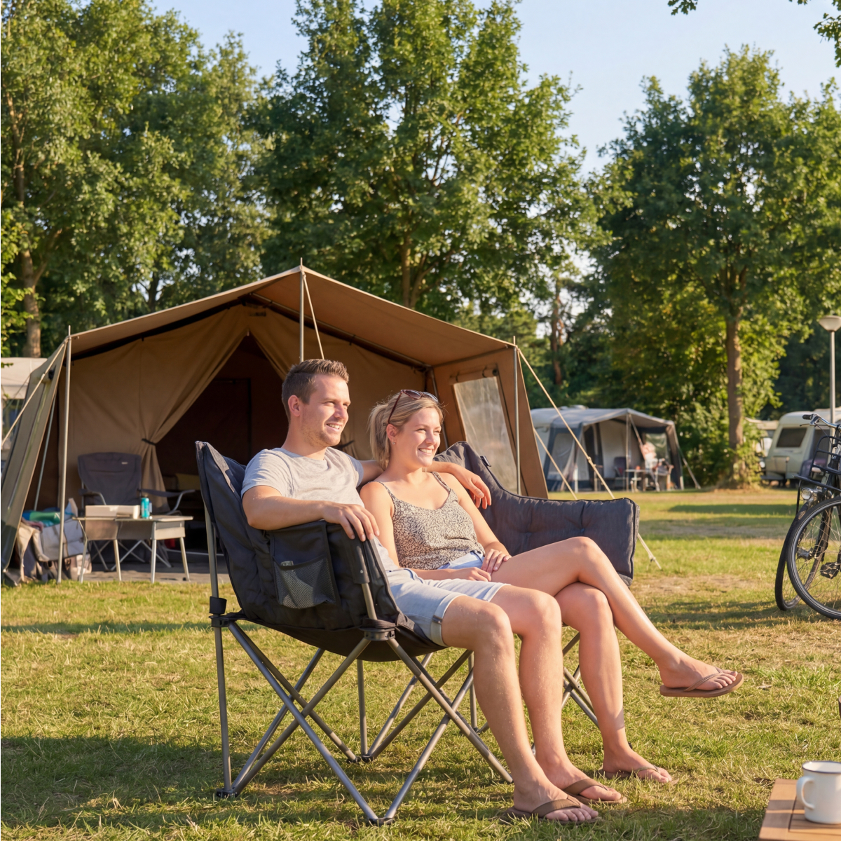 A couple sits in camping chairs in front of a tent at a campsite.
