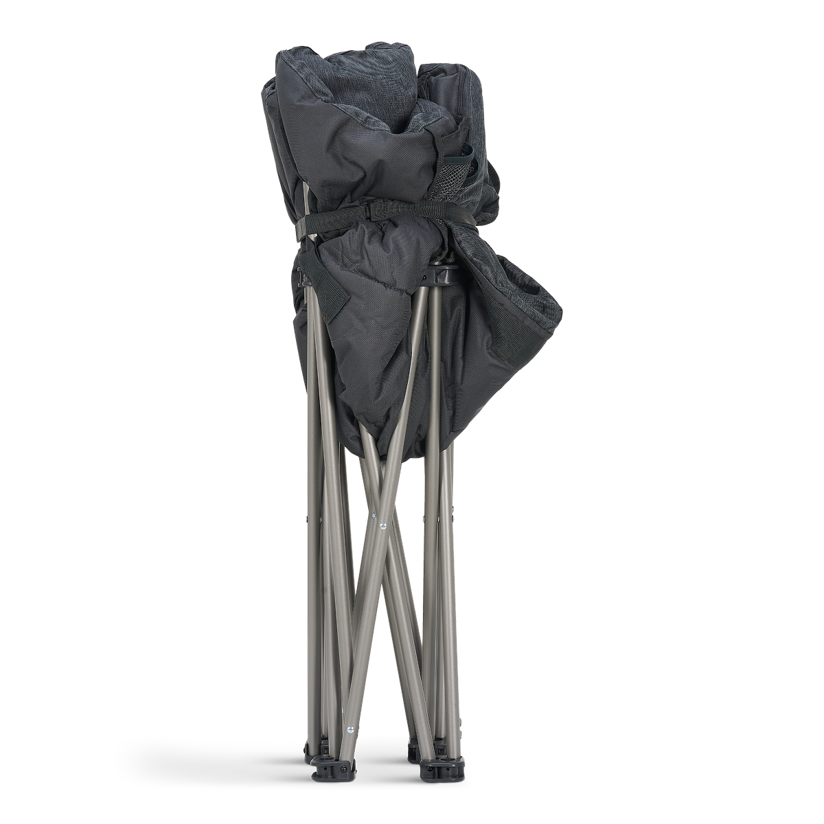 A folded black camping chair with metal legs stands on a white background.