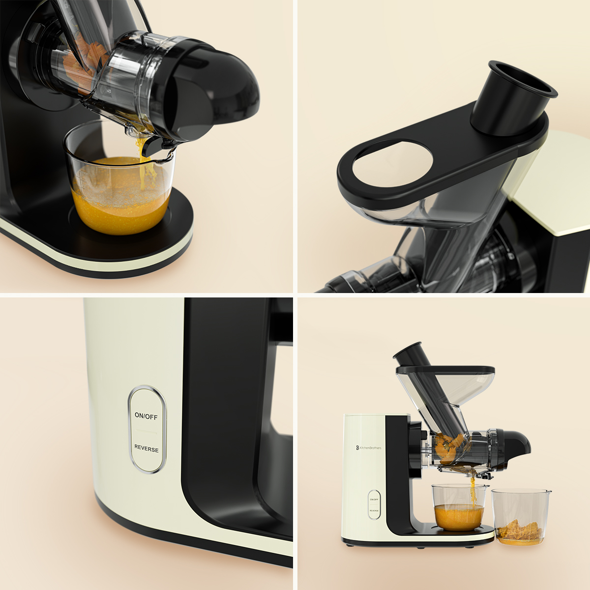 A juicer extracts juice into a glass, with pulp residue beside it.
