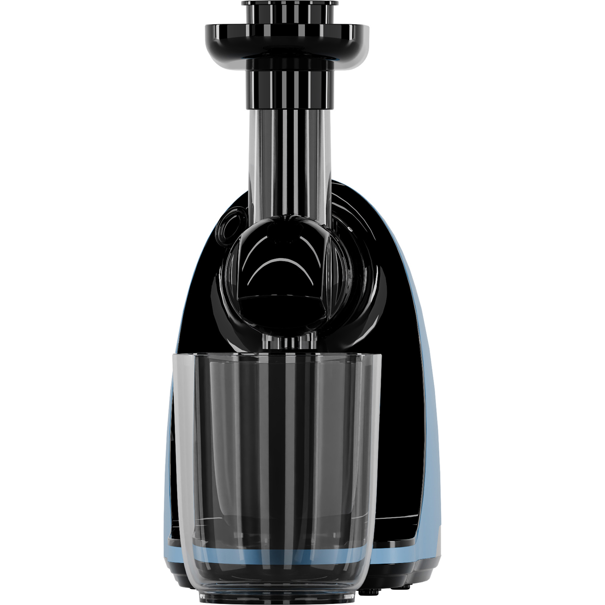 Eine blau-schwarze Saftpresse mit einem Glas davor.