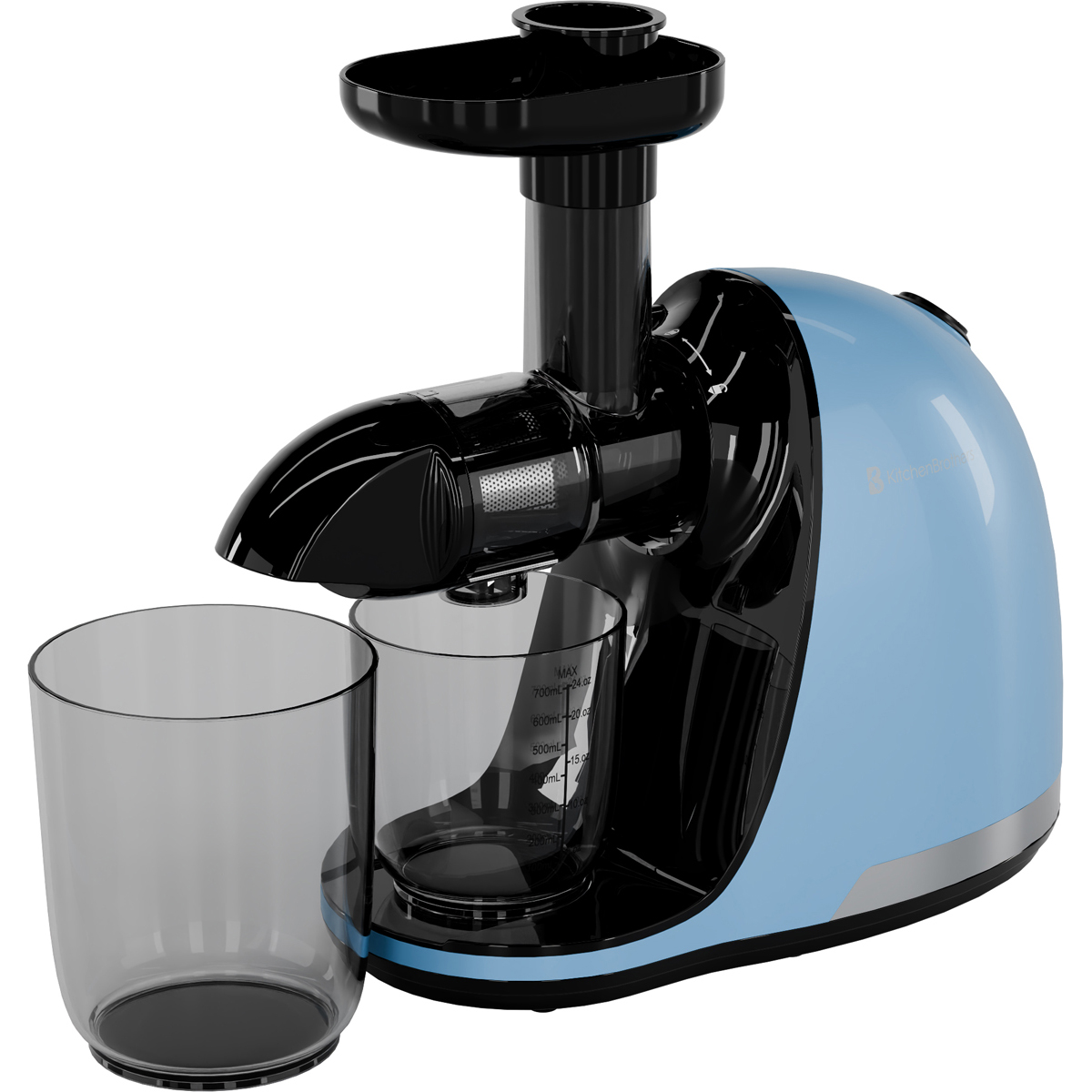 Ein hellblauer und schwarzer Slow Juicer mit zwei durchsichtigen Saftbehältern.