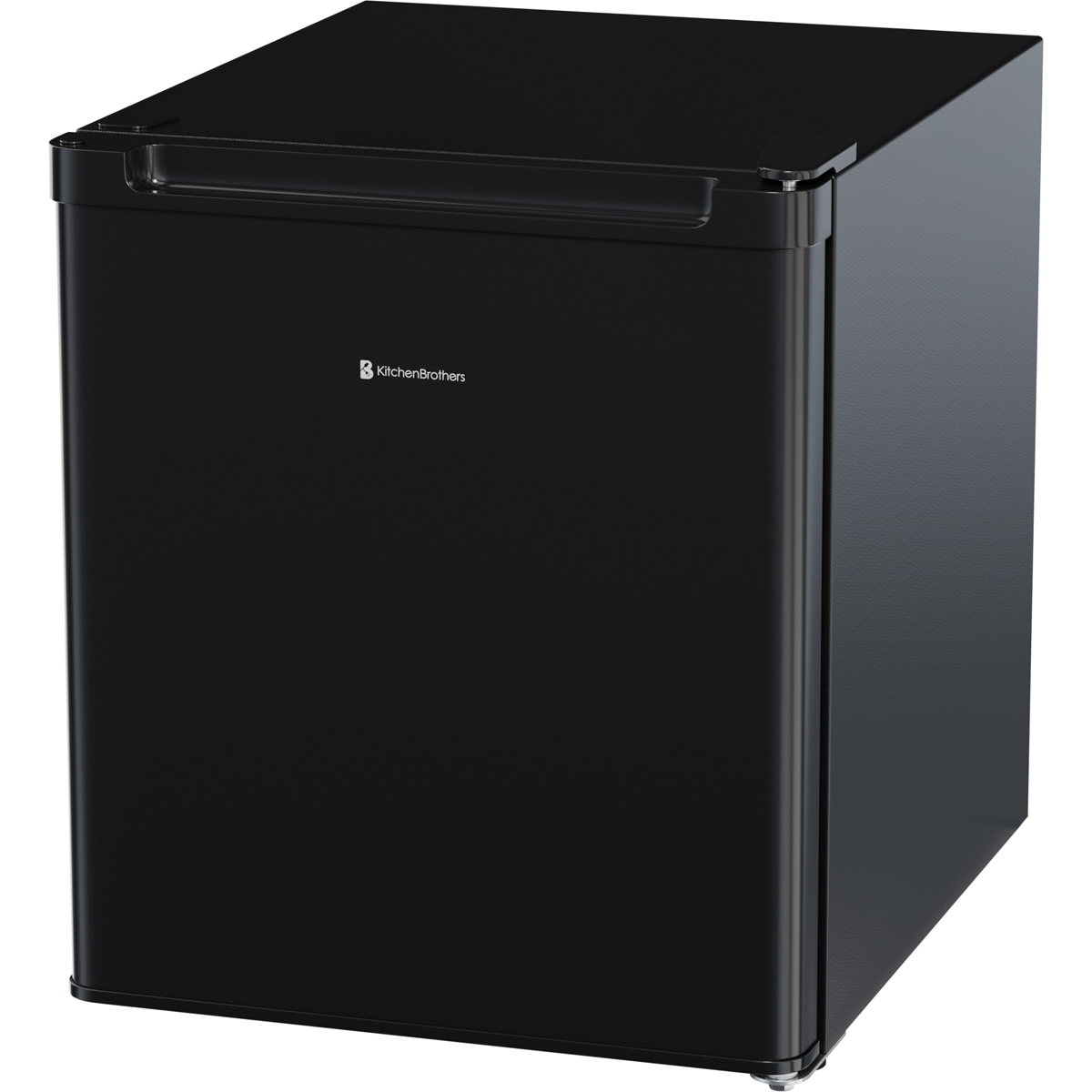 A black compact refrigerator with a silver handle and logo.
