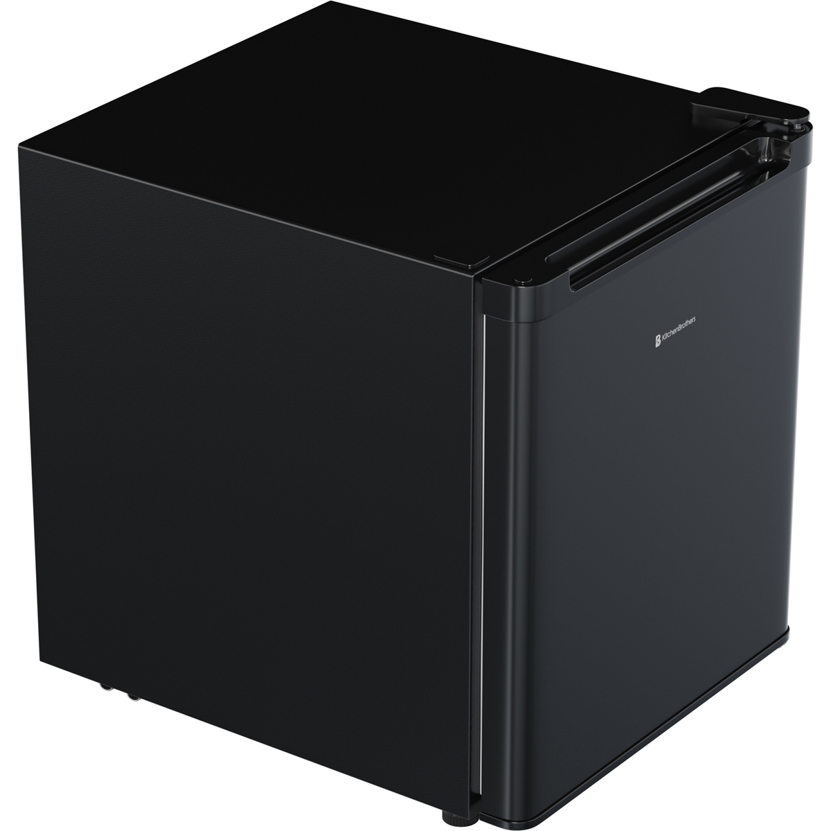 A black mini-fridge with a silver handle is shown from a slightly elevated angle.