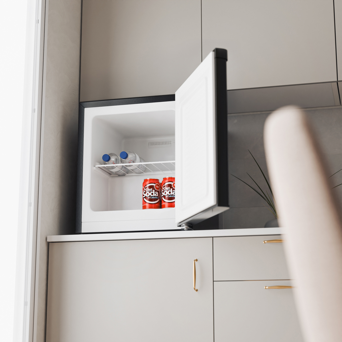 A mini-fridge with an open door, containing two cans of Diet Soda and two water bottles.