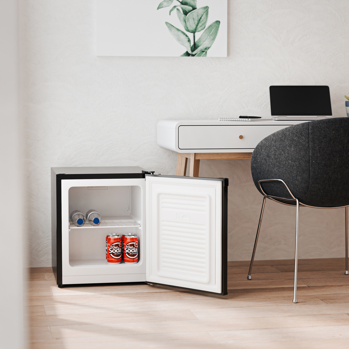 An open black mini-fridge with two cans of soda and two bottles of water inside.