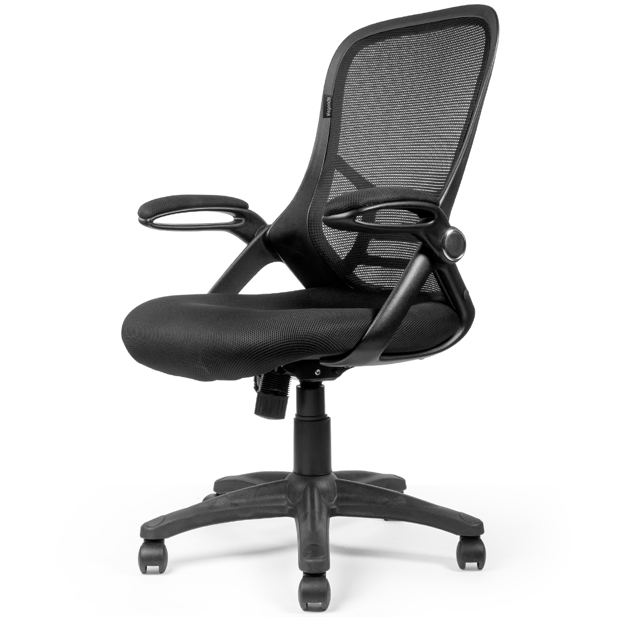 A black office chair with a mesh back and adjustable arms, shown on five wheels.