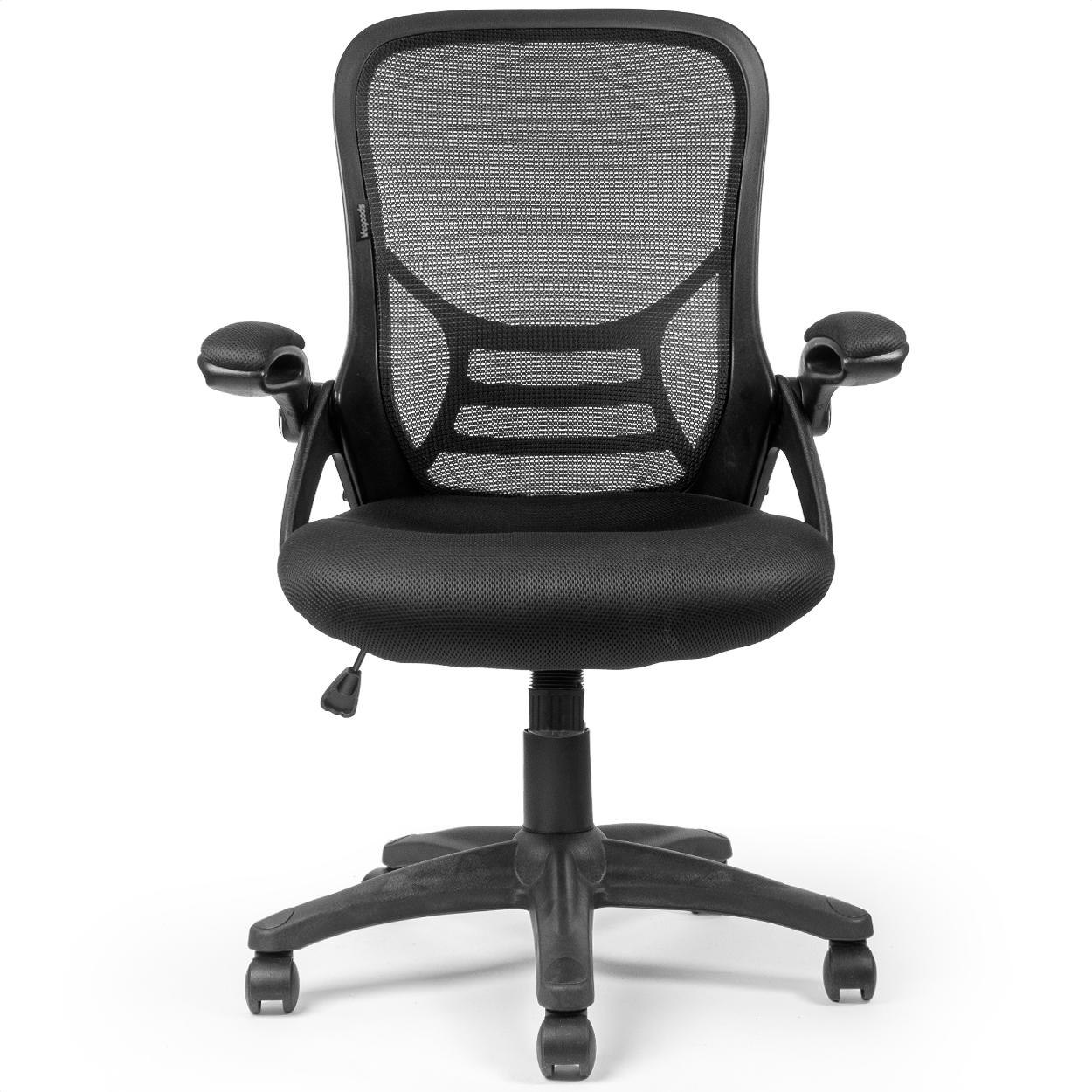 A black office chair with a mesh back, adjustable armrests, and wheels.