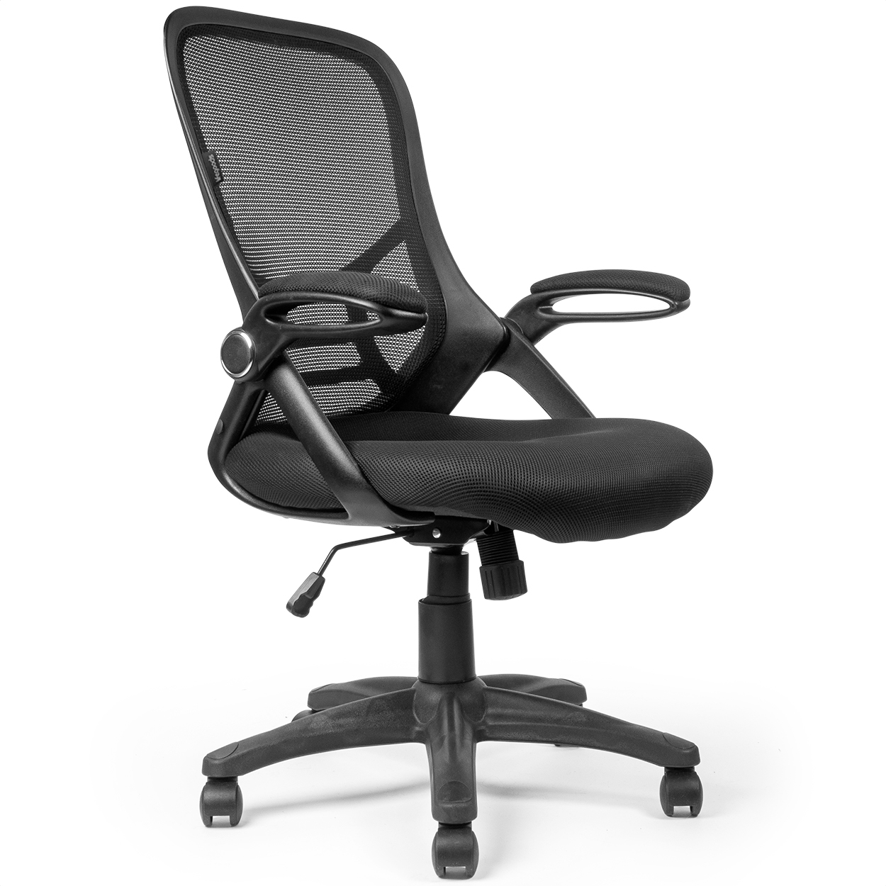 A black office chair with a mesh back and padded seat, shown on a white background.