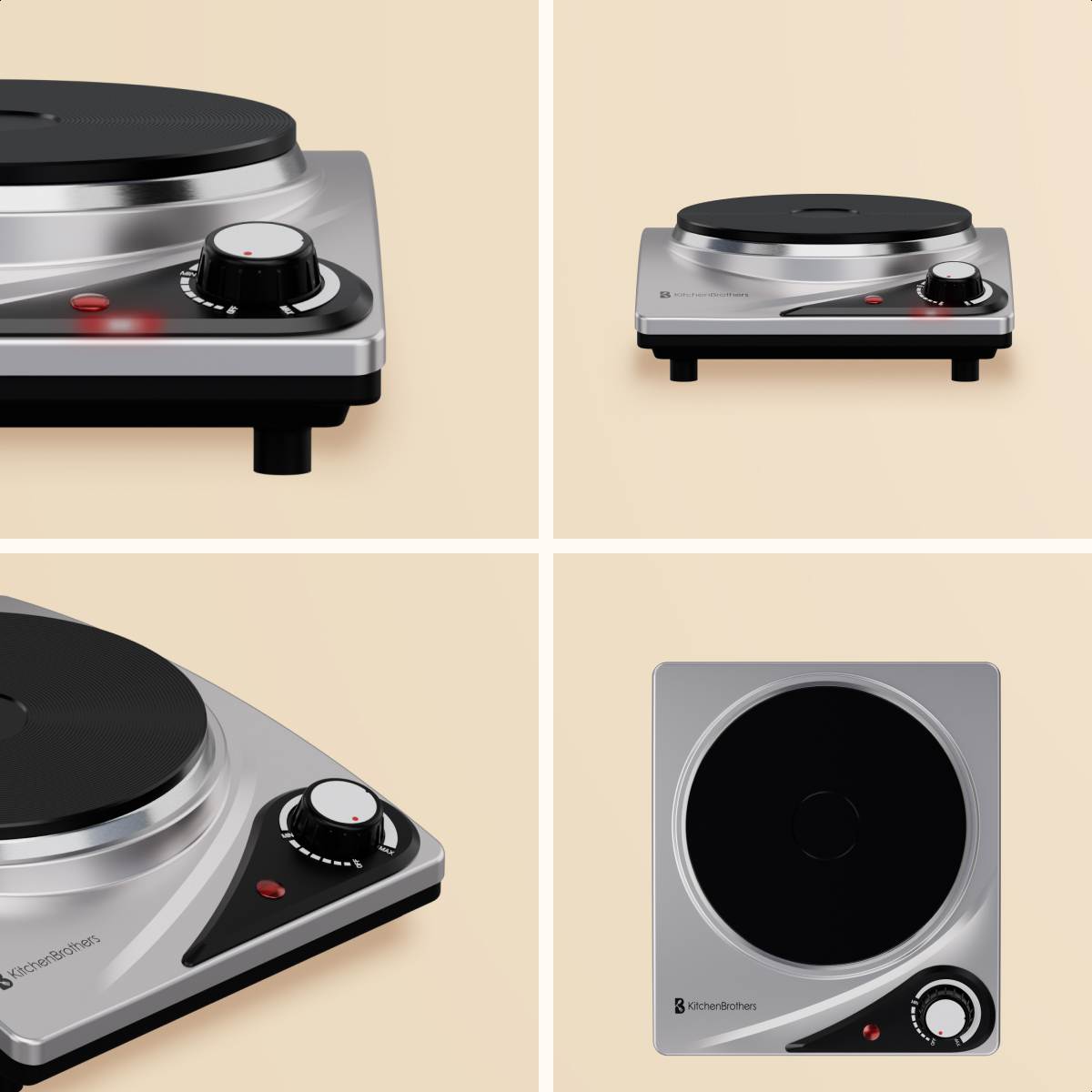 A silver single hot plate with a black heating surface and a control knob.