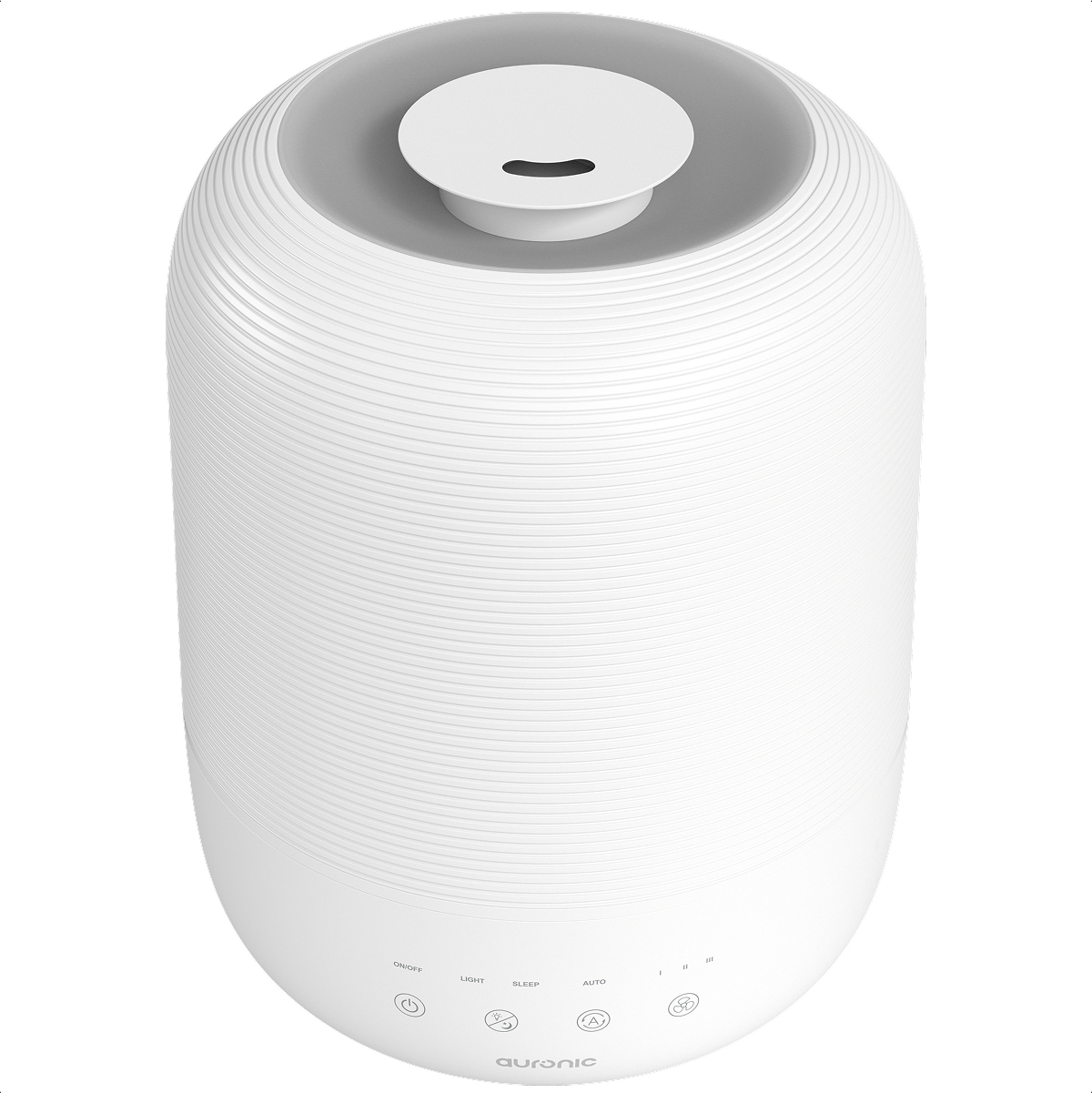 A white humidifier with ribbed texture and a grey top section.