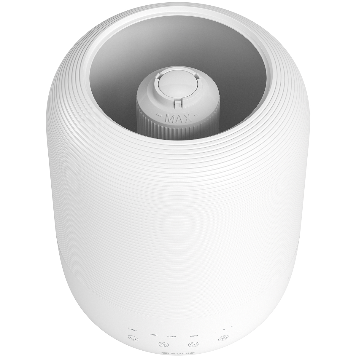 A white humidifier with a ribbed exterior and a MAX marker inside.
