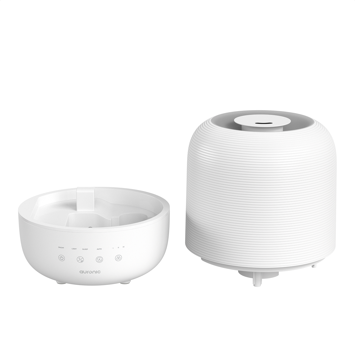 A white ribbed humidifier and its separate base with controls.