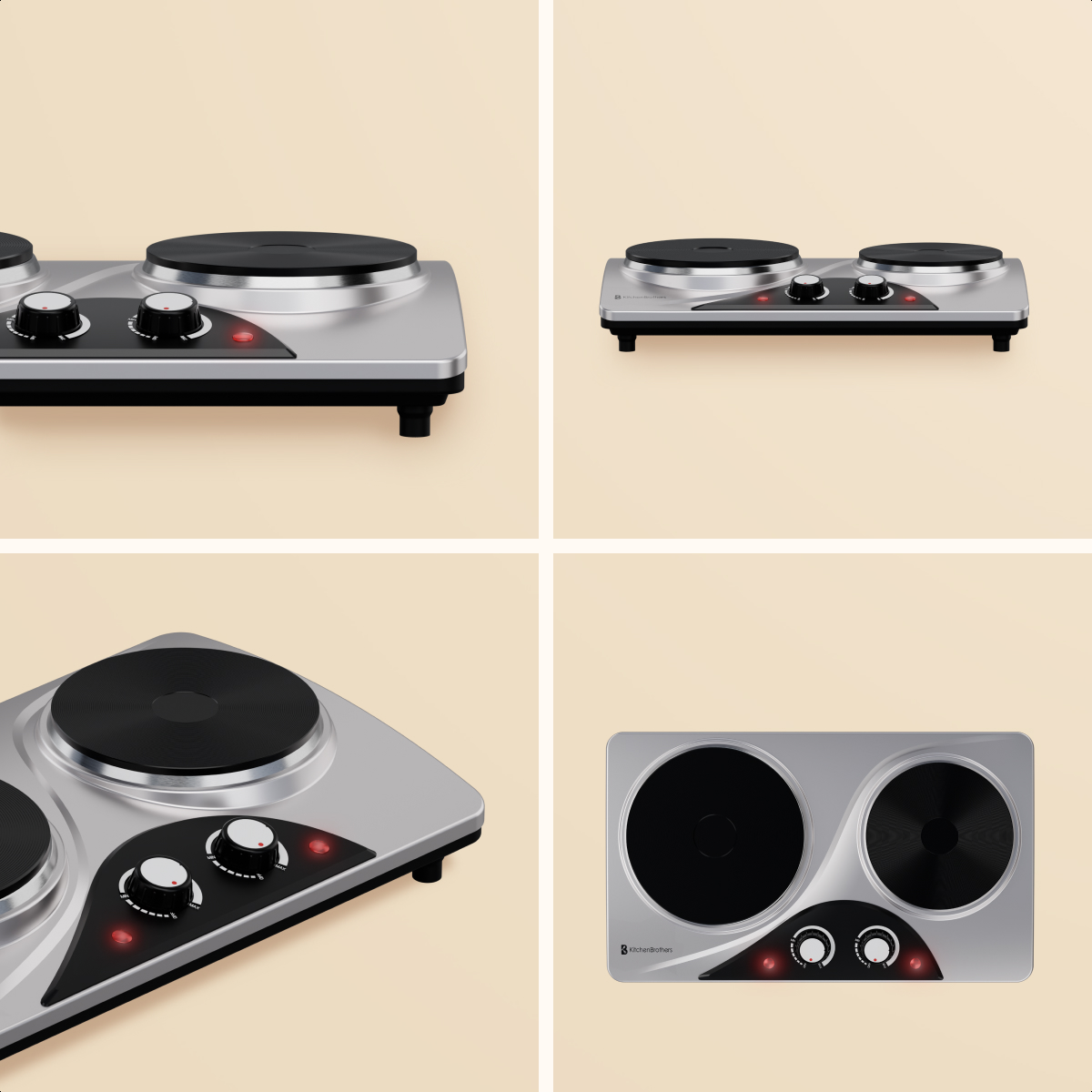 Silver double hot plate with two black burners and control knobs.