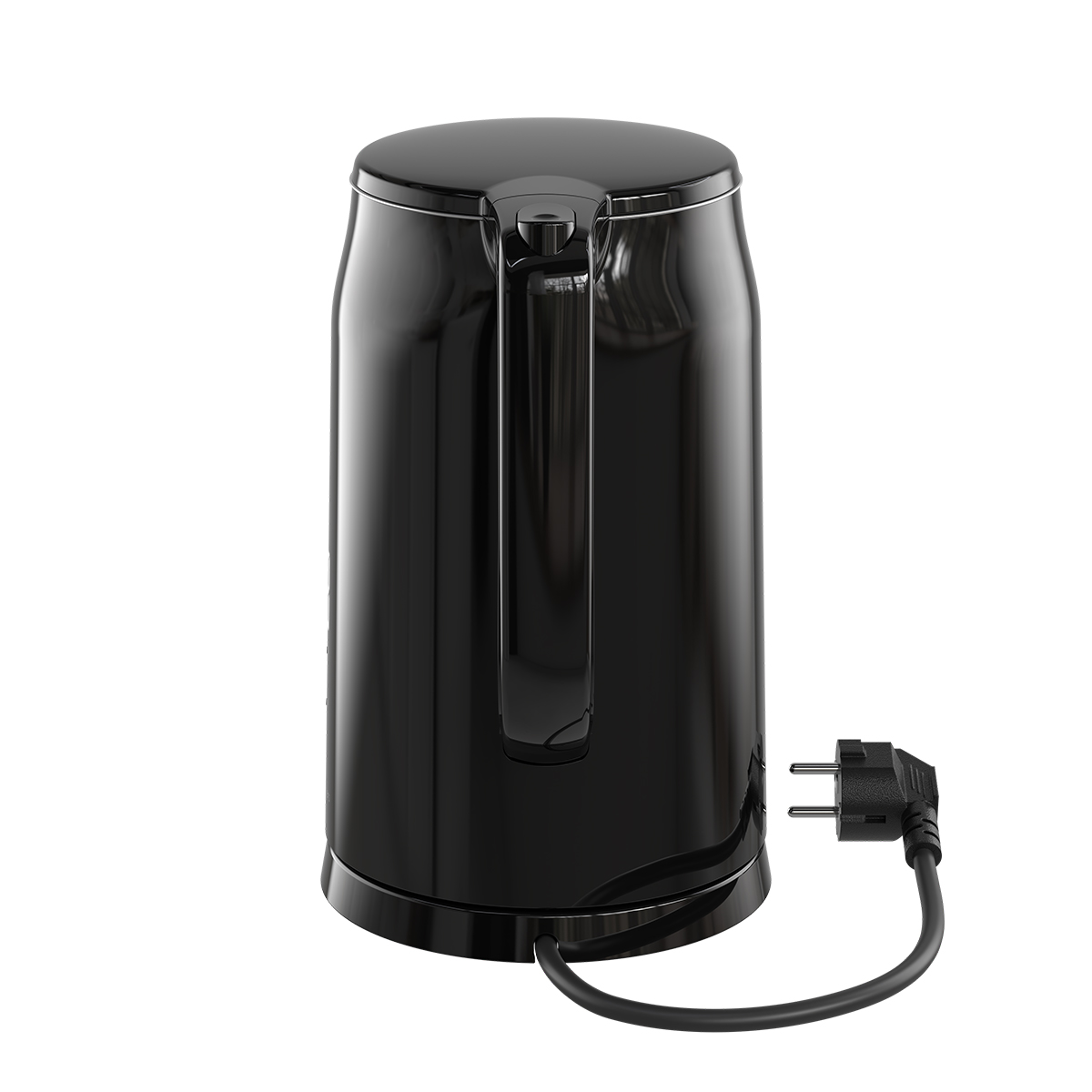 Een glanzende zwarte elektrische waterkoker met handvat en stekker.