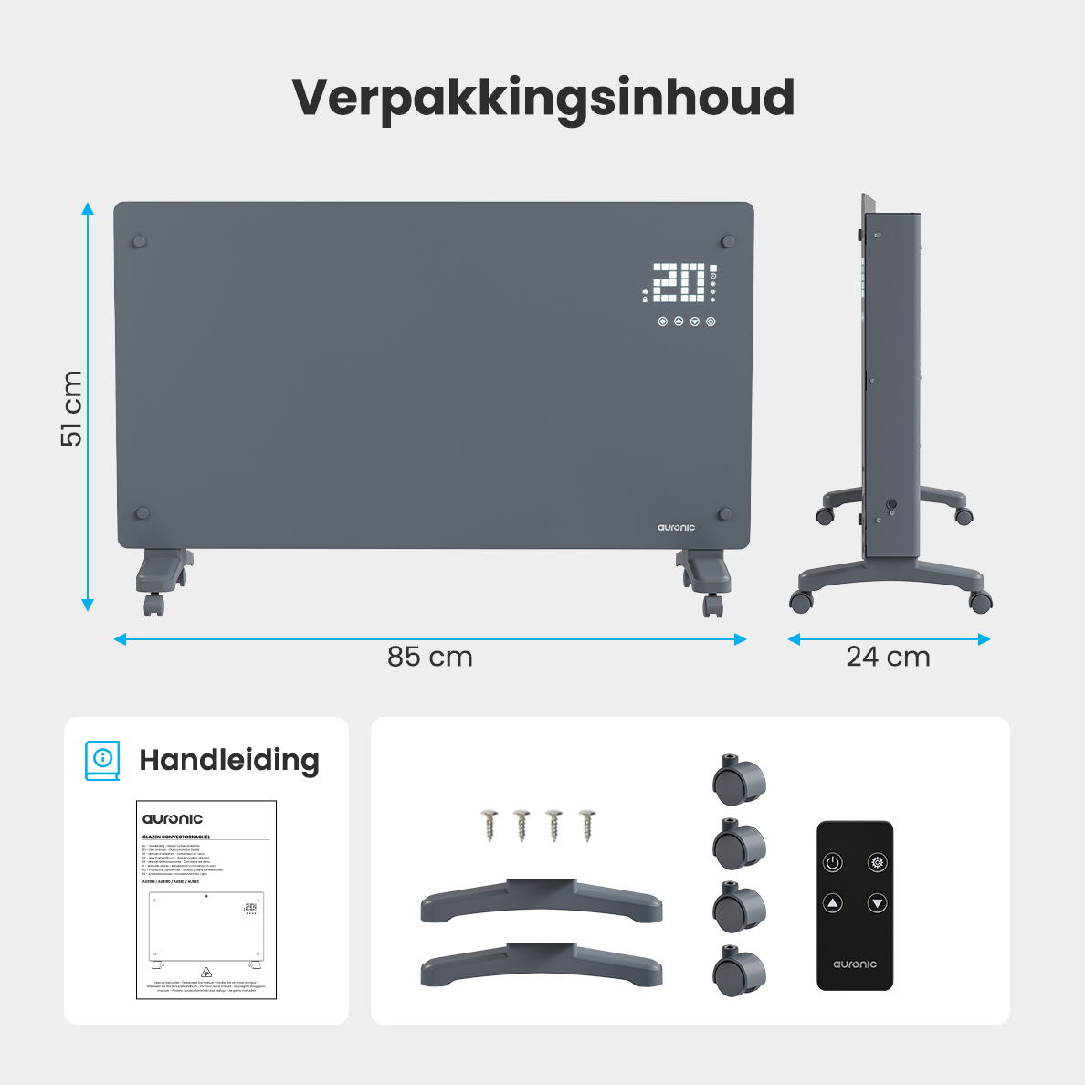 Gray heater (85x51x24cm) with wheels, remote, manual, and screws.