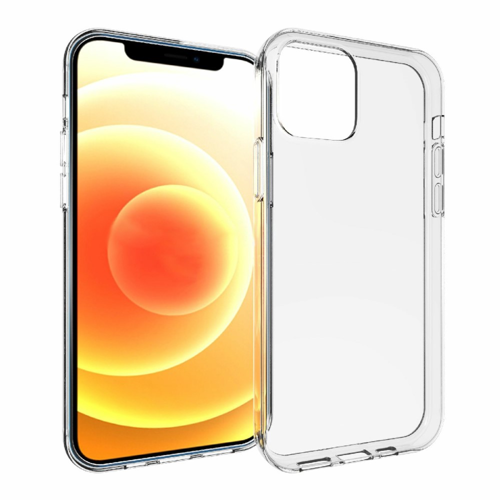 Ein durchsichtiges Handyhülle neben einem Smartphone mit orangem Hintergrund.