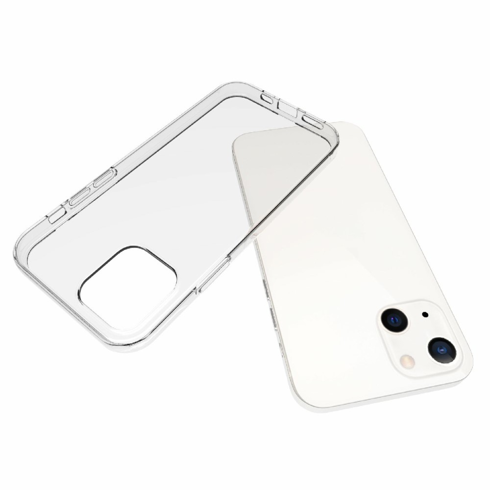 Ein durchsichtiger Handykoffer liegt neben einem weißen Smartphone.