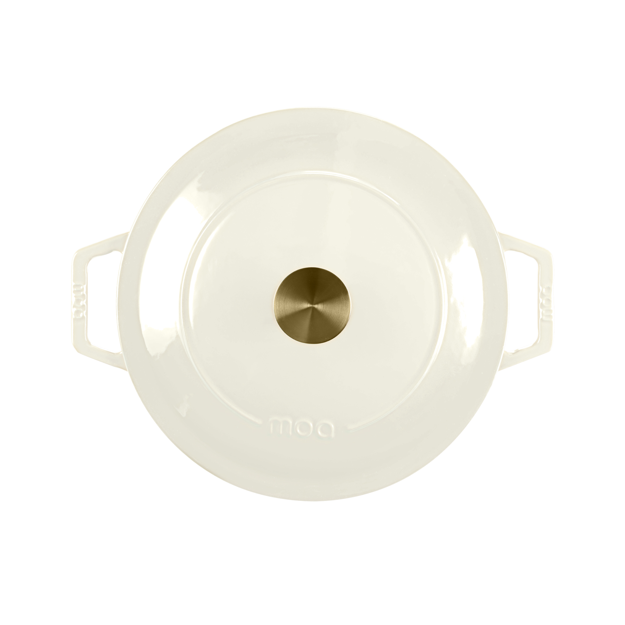 A cream-colored enameled pot with two handles and a brass knob.