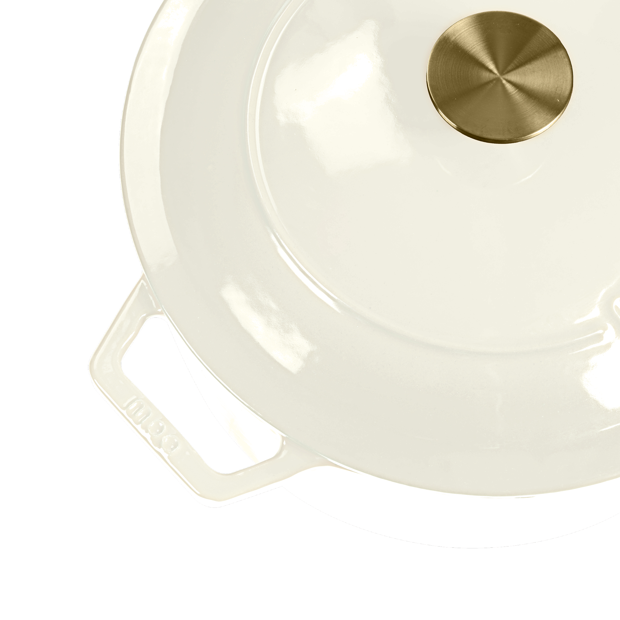 A cream-colored pot lid with a golden handle.