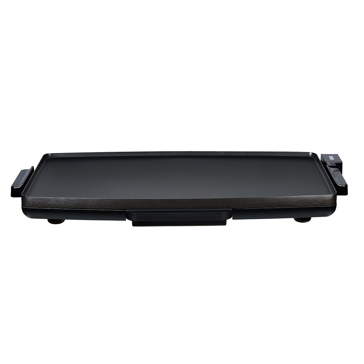 A black electric griddle with handles and a removable drip tray.