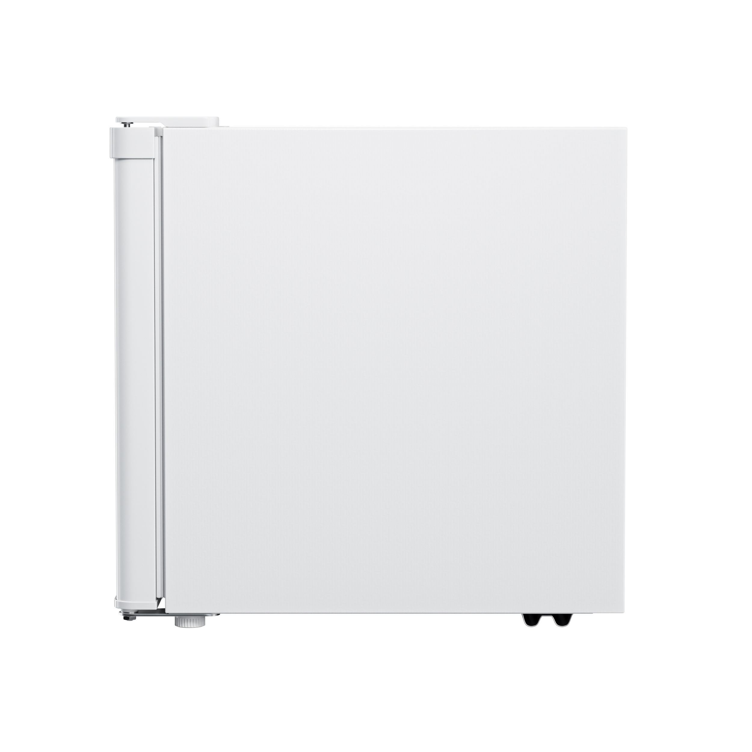 Witte koelkastdeur in profiel met scharnier en handvat, op een witte achtergrond.