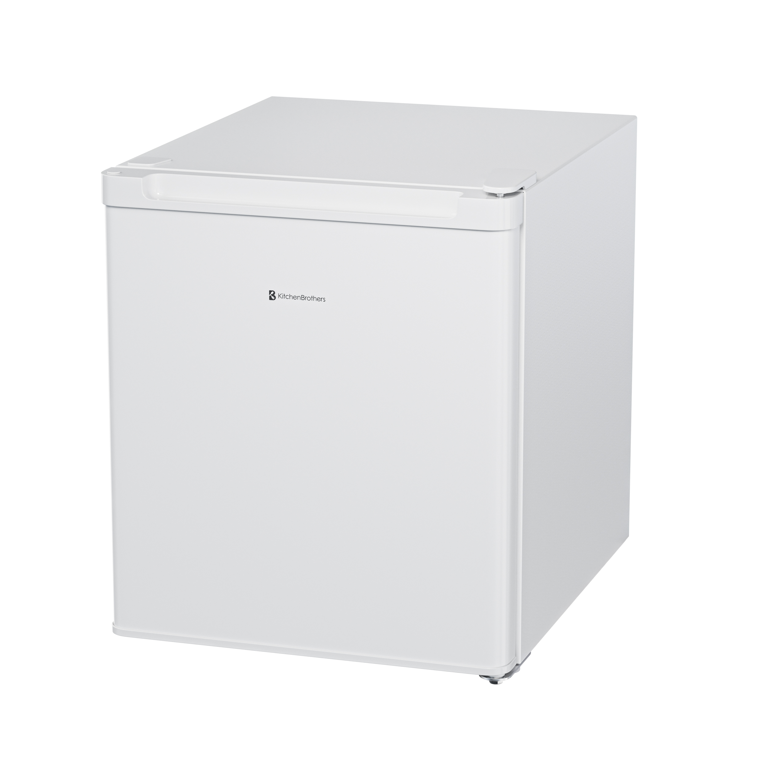 Een kleine, witte koelkast met het KitchenBrothers logo.