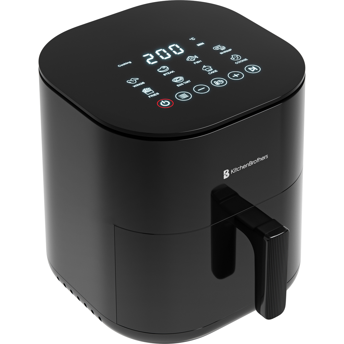 A black KitchenBrothers air fryer displays 200°C and cooking options on its digital screen.