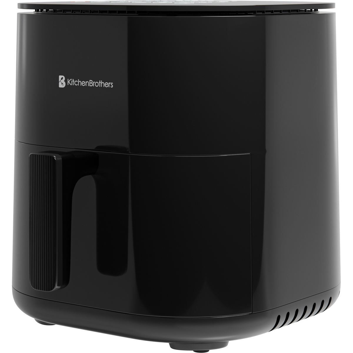 Black, compact air fryer with handle and ventilation slots.