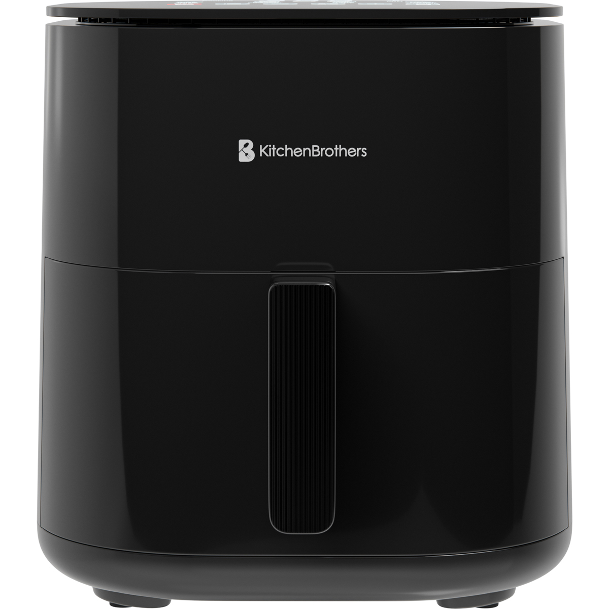 Black KitchenBrothers air fryer with a handle and digital display on top.
