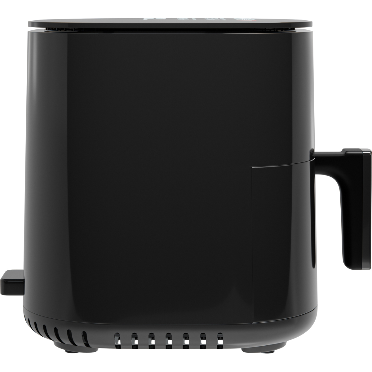 Black, cylindrical air fryer with a handle and ventilation slots.