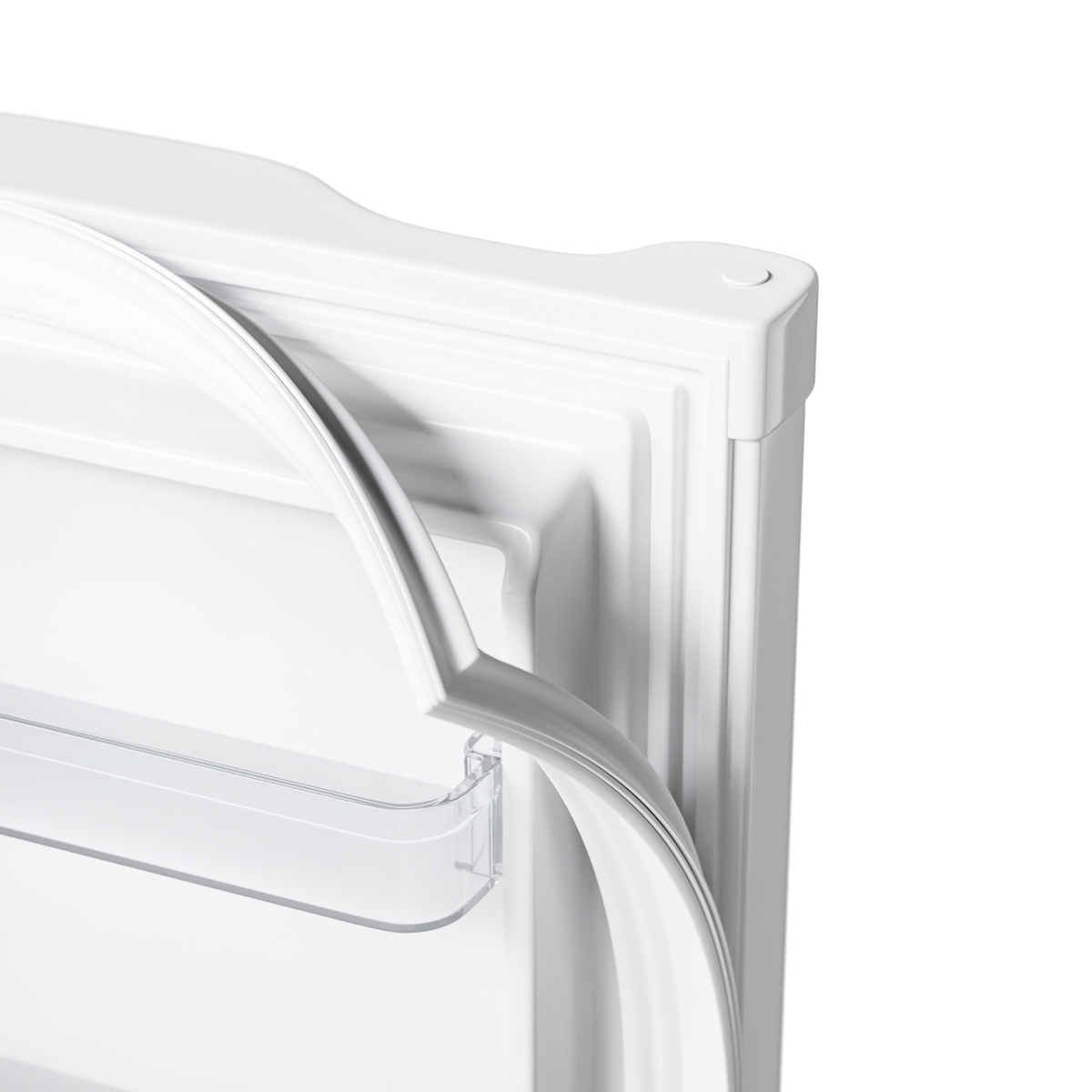 Porte de réfrigérateur blanche avec joint et étagère transparente.