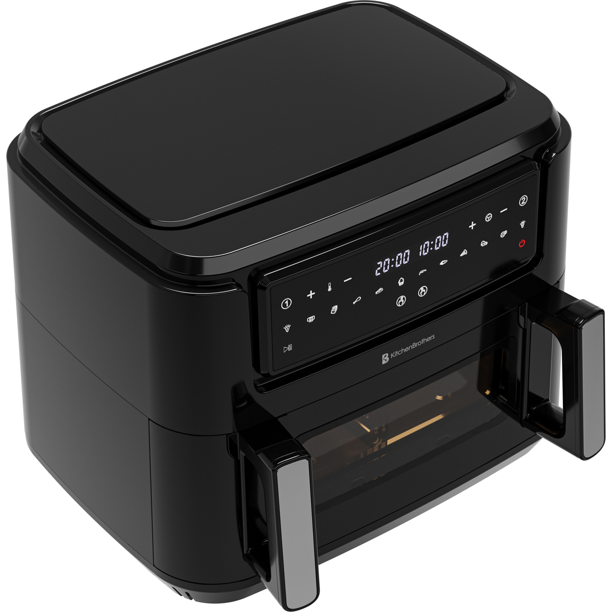 Black digital air fryer with handles and illuminated control panel.