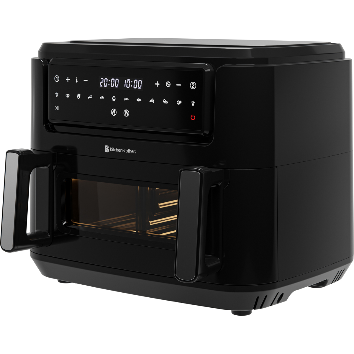 Black KitchenBrothers air fryer oven with digital display and glass door.