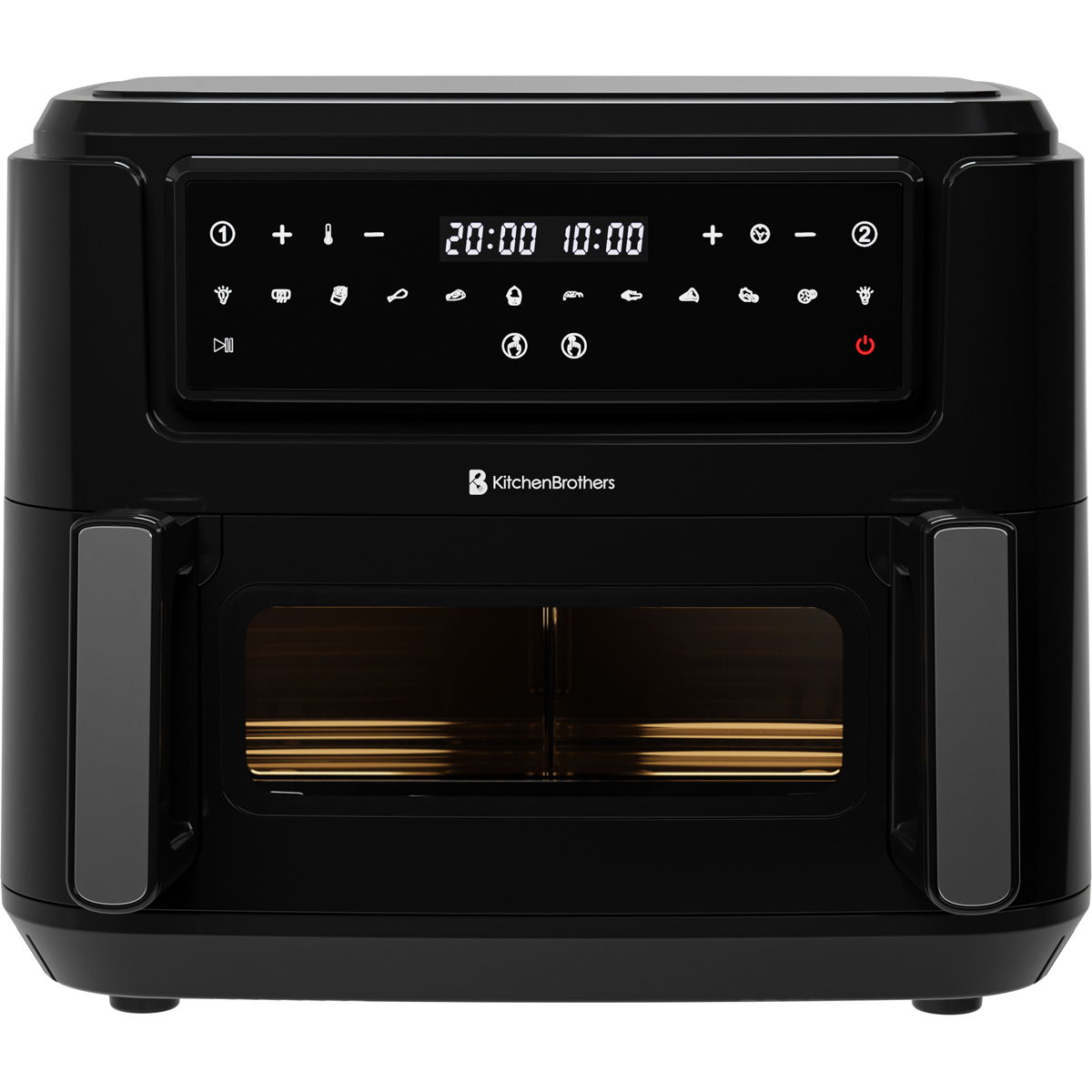 Black KitchenBrothers air fryer with digital display and viewing window.