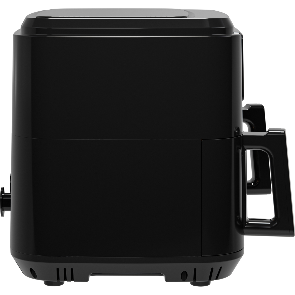 Black air fryer shown from the side with a handle and ventilation slots.