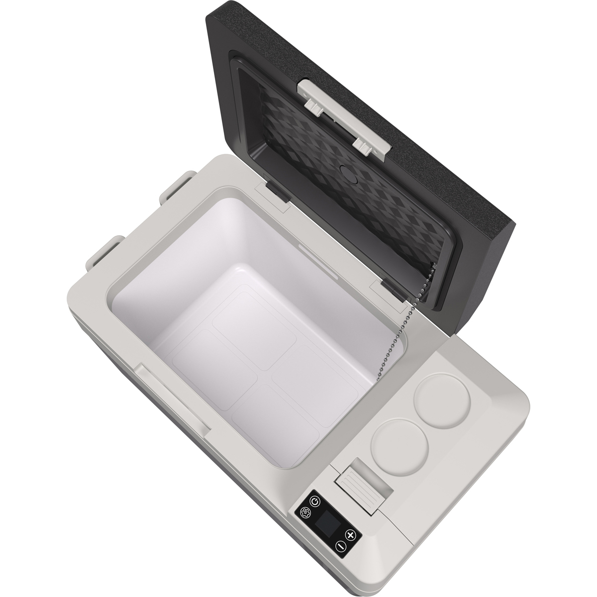 Glacière portable ouverte avec extérieur gris et intérieur blanc. Couvercle ouvert.