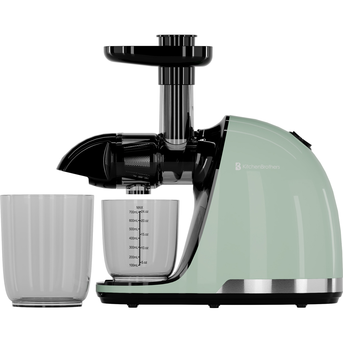 A mint green and black KitchenBrothers slow juicer with two clear containers.