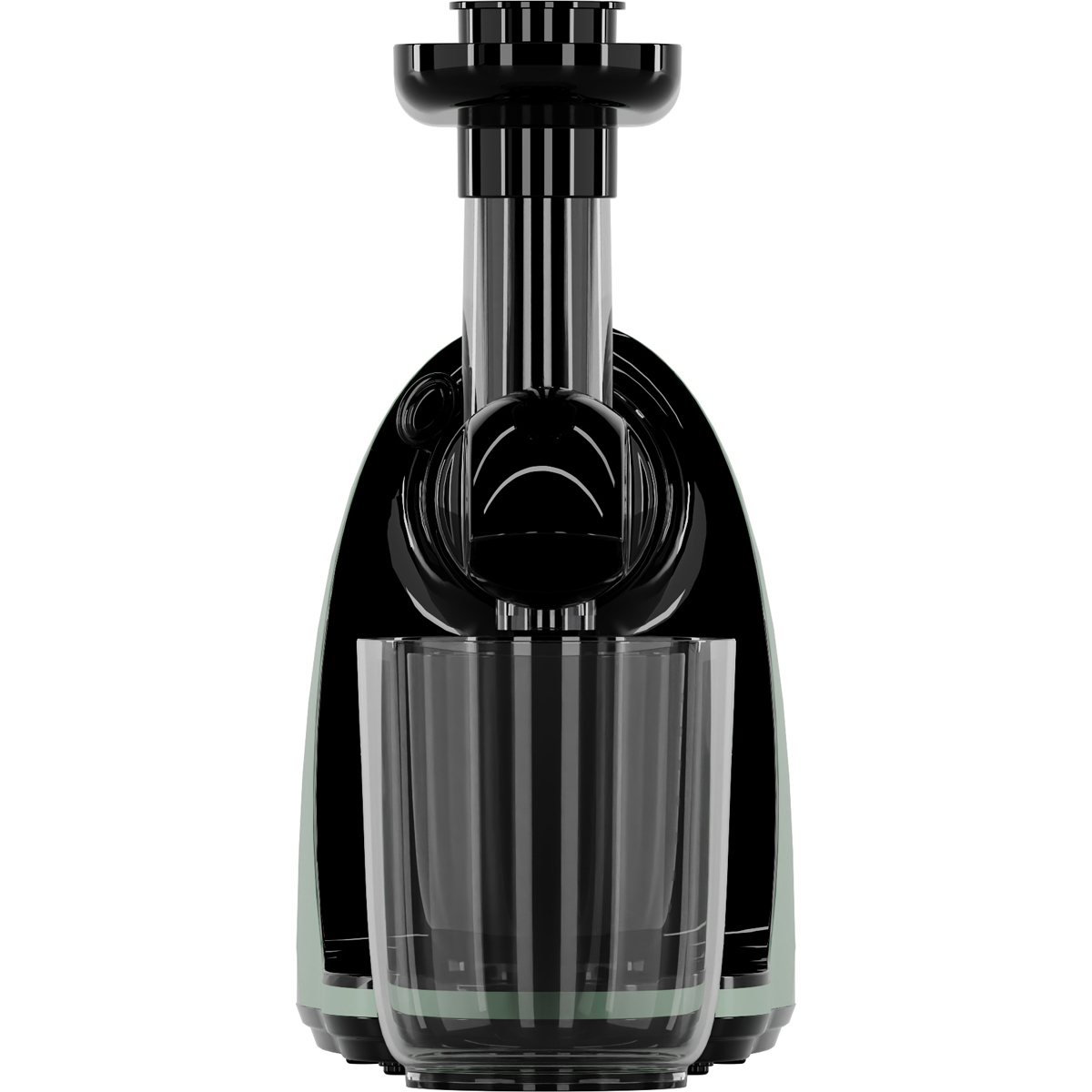 A black juicer with a glass underneath it, on a white background.
